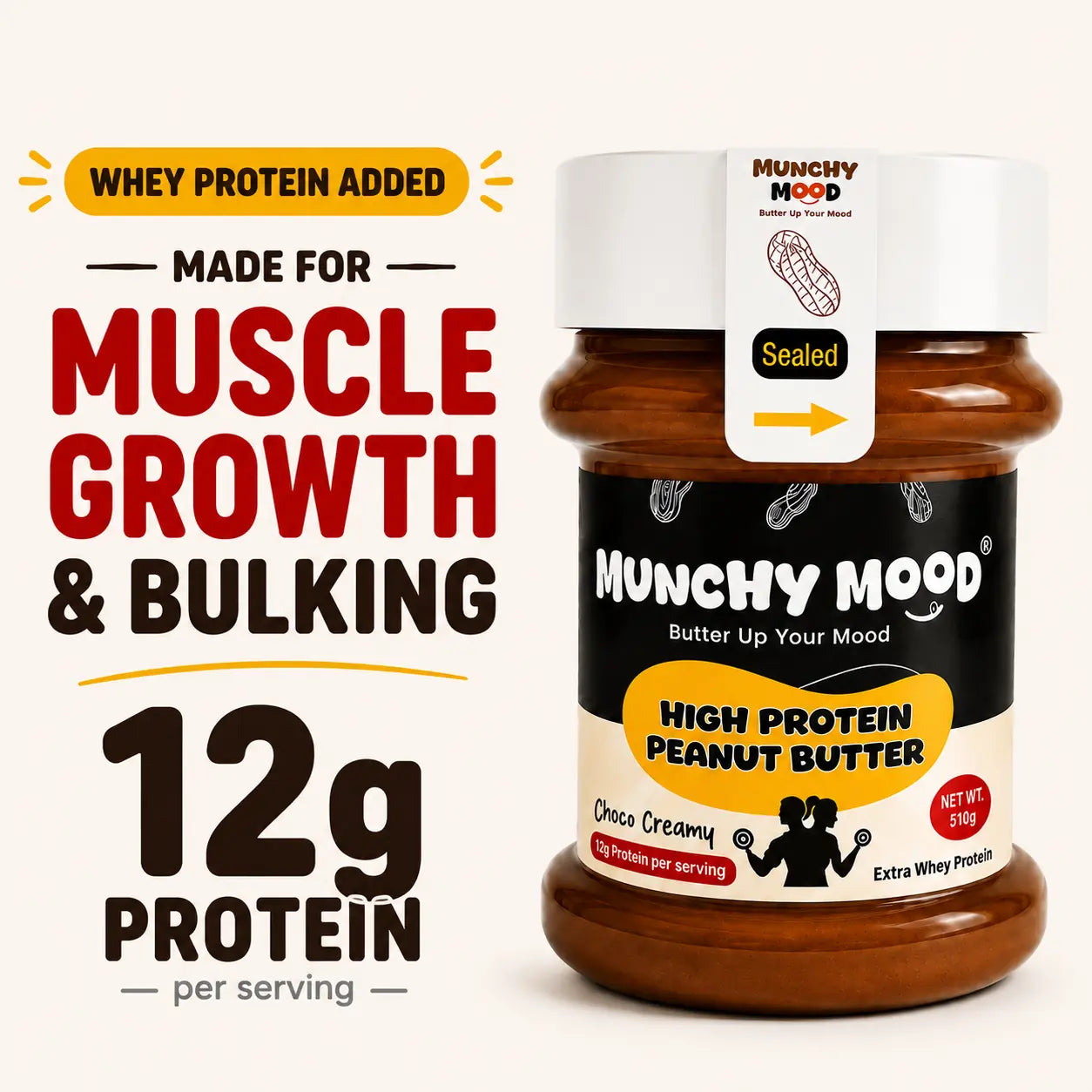 Munchy Mood High Protein Peanut Butter with whey protein added for muscle growth and bulking